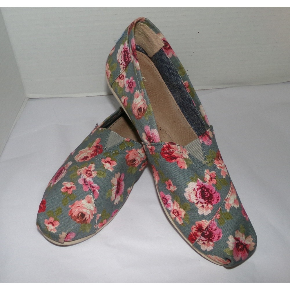 TOMS Womens Classic Alpargata Grey Pink Floral Canvas Slip On Shoes Size 10